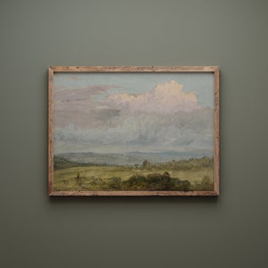 May include: A framed painting depicting a landscape with a field in the foreground and a cloudy sky in the background. The sky is a light blue with pink and white clouds. The field is green with some trees and bushes.