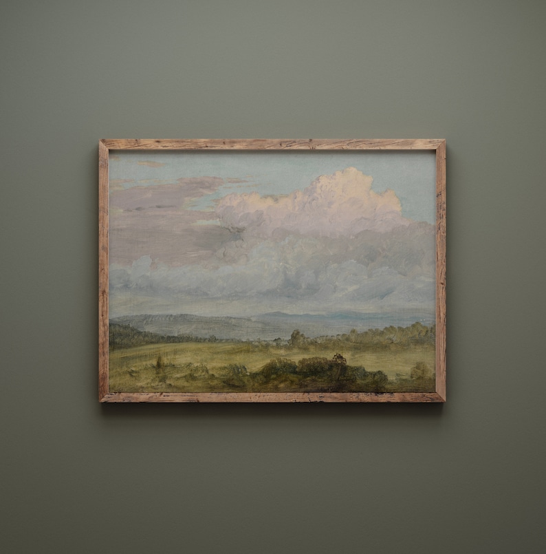 May include: A framed painting depicting a landscape with a field in the foreground and a cloudy sky in the background. The sky is a light blue with pink and white clouds. The field is green with some trees and bushes.
