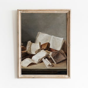 May include: A framed painting depicting a still life of old books and papers in various shades of brown and white. The books are stacked and scattered on a wooden table, with some pages open and others closed. The painting has a vintage aesthetic and evokes a sense of history and knowledge.