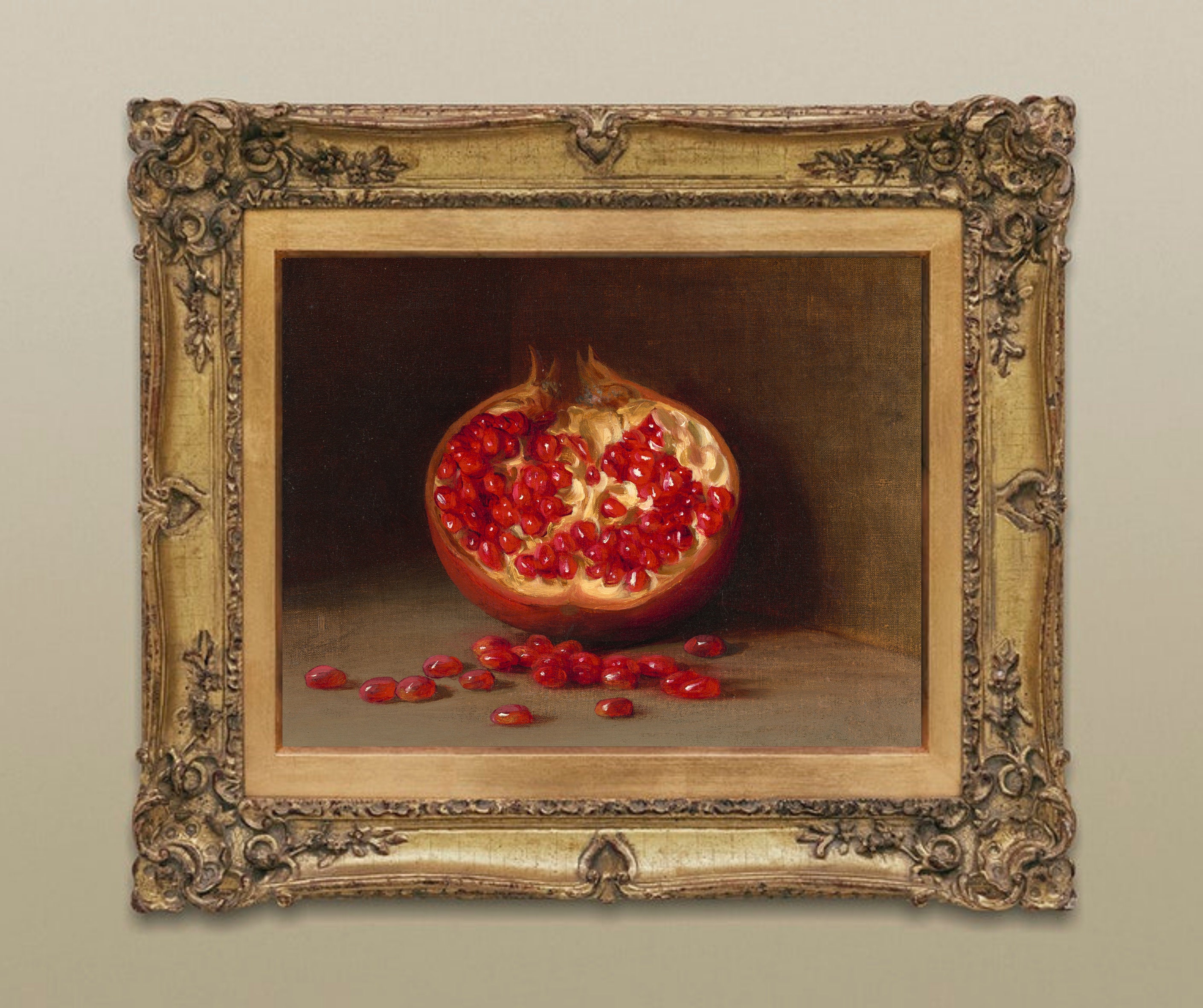 P. Cattana 油彩画 果物の静物画 ザクロ アンティーク ヴィンテージ ザクロの油絵フルーツオリジナルアート静物キャンバス掛け絵