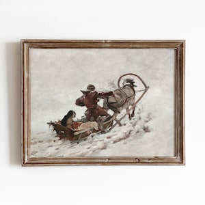 Horse Sleigh + Dogs | Vintage Winter Painting | Christmas Season Sled Artwork | Digital Download | 388