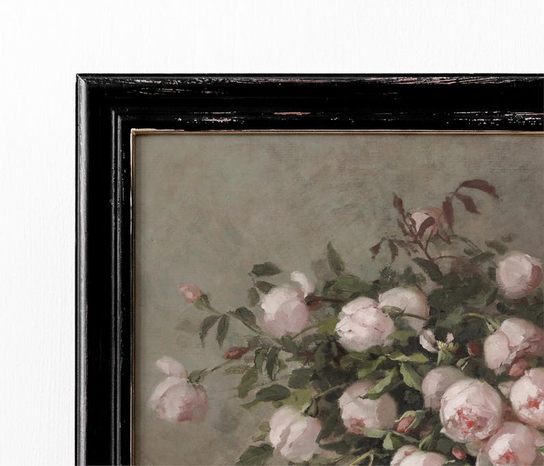 May include: A framed floral painting featuring a bouquet of pink roses. The artwork is set against a muted green background and framed in a distressed black wooden frame with a gold inner edge. The roses are in full bloom.
