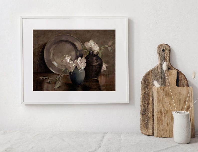 Blumen + Teller Stillleben | Vintage Gemälde | Dunkel schwermütige Blumen Still Kunst | Druckbare Kunst | Digitaler Download | 241 Bild 2
