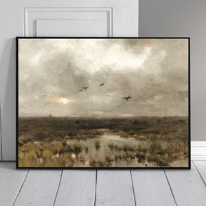 May include: A painting of a landscape with a cloudy sky and a flock of birds flying over a marsh. The marsh is covered in tall grass and water. The sky is a light gray with some darker clouds. The birds are flying in a V-formation.