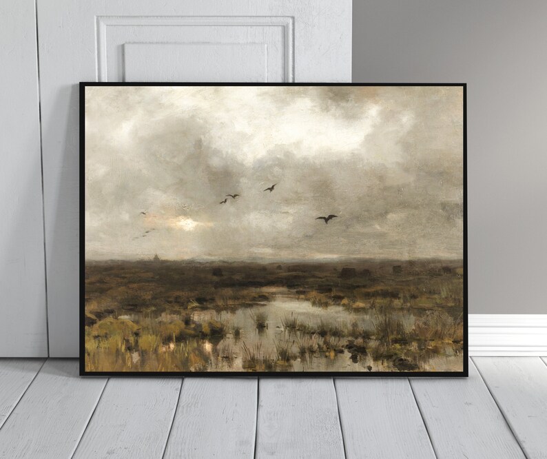 May include: A painting of a landscape with a cloudy sky and a flock of birds flying over a marsh. The marsh is covered in tall grass and water. The sky is a light gray with some darker clouds. The birds are flying in a V-formation.