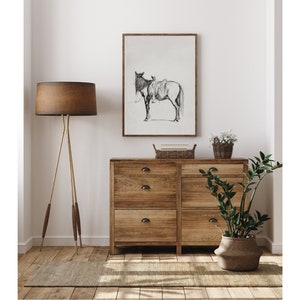 May include: A wooden dresser with six drawers and black metal handles. The dresser is in a room with a white wall, a floor lamp with a brown lampshade, a framed black and white drawing of a horse, and a potted plant.
