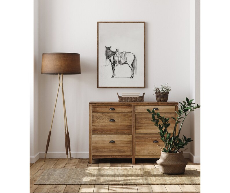 May include: A wooden dresser with six drawers and black metal handles. The dresser is in a room with a white wall, a floor lamp with a brown lampshade, a framed black and white drawing of a horse, and a potted plant.