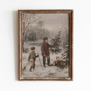 Young boy and grandfather cutting down a Christmas tree with the family dog. Muted greens, greys and reds present in the piece.