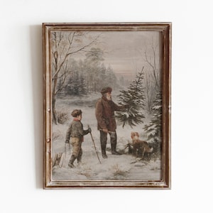 The Christmas Tree Hunt | Vintage Festive Holiday Decor Art | Winter Oil Painting | Digital Download | 498