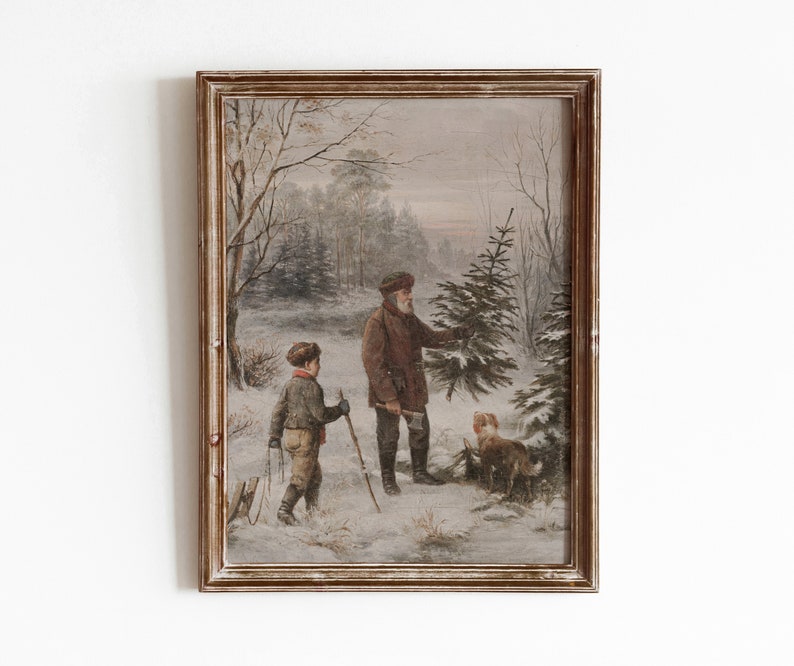 Young boy and grandfather cutting down a Christmas tree with the family dog. Muted greens, greys and reds present in the piece.