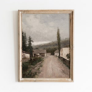 Dorpsweg | Vintage Europese stad schilderij | Traditioneel dorpslandschap decor | Digitale download | 315