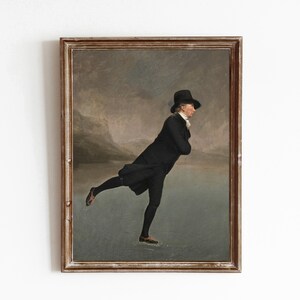 May include: A painting depicting a man in a black coat and top hat ice skating on a frozen lake. The background features a cloudy sky with mountains in the distance.