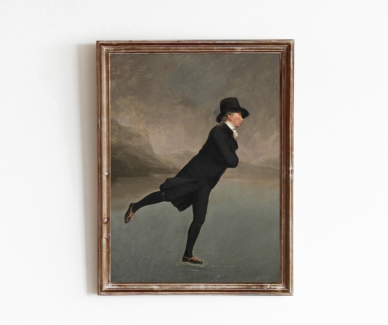 May include: A painting depicting a man in a black coat and top hat ice skating on a frozen lake. The background features a cloudy sky with mountains in the distance.