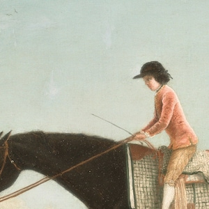 May include: An antique painting depicts a person in a pink jacket and brown hat riding a black horse. The rider holds a riding crop, and the horse is saddled. The background is a pale blue sky.
