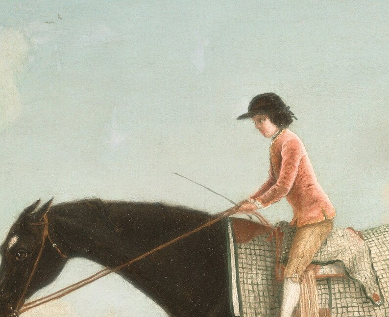 May include: An antique painting depicts a person in a pink jacket and brown hat riding a black horse. The rider holds a riding crop, and the horse is saddled. The background is a pale blue sky.