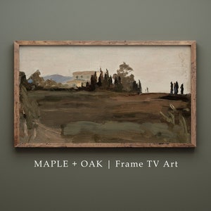 May include: A framed painting of a landscape with a row of trees in the foreground and a building in the distance. The painting is done in a loose, impressionistic style with muted colors. The frame is made of wood and has a simple design.