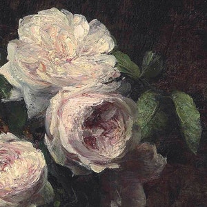 May include: A close-up of three white roses with pink and red hues, painted in a realistic style. The roses are partially obscured by green leaves, creating a sense of depth and texture.