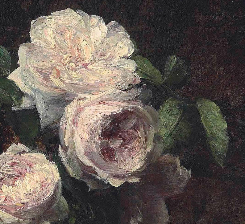 May include: A close-up of three white roses with pink and red hues, painted in a realistic style. The roses are partially obscured by green leaves, creating a sense of depth and texture.