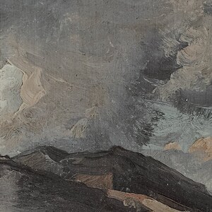 May include: A painting depicting a stormy sky above a mountainous landscape. The sky is a blend of grey, blue, and white, with heavy clouds. The mountains are dark and rugged, with some areas of brown.