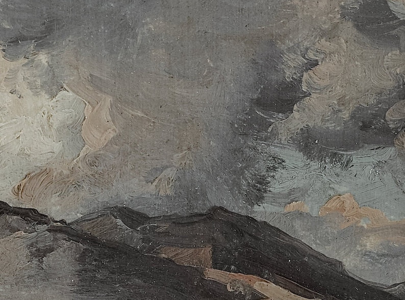 May include: A painting depicting a stormy sky above a mountainous landscape. The sky is a blend of grey, blue, and white, with heavy clouds. The mountains are dark and rugged, with some areas of brown.