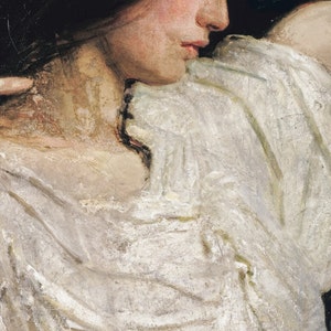 May include: A close-up of a woman's face and shoulder, with her hair pulled back and a white blouse with a ruffled neckline. The image is painted in a realistic style, with soft brushstrokes and subtle shading.