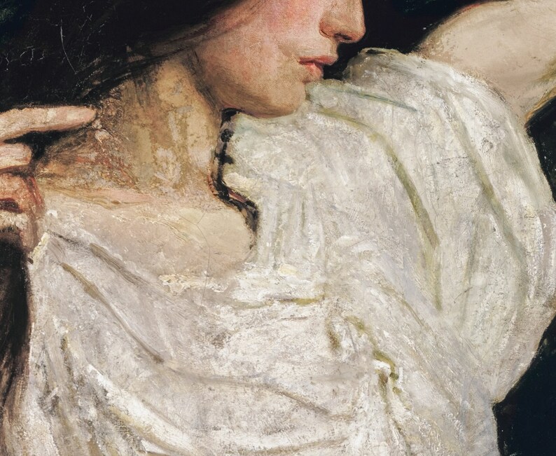 May include: A close-up of a woman's face and shoulder, with her hair pulled back and a white blouse with a ruffled neckline. The image is painted in a realistic style, with soft brushstrokes and subtle shading.