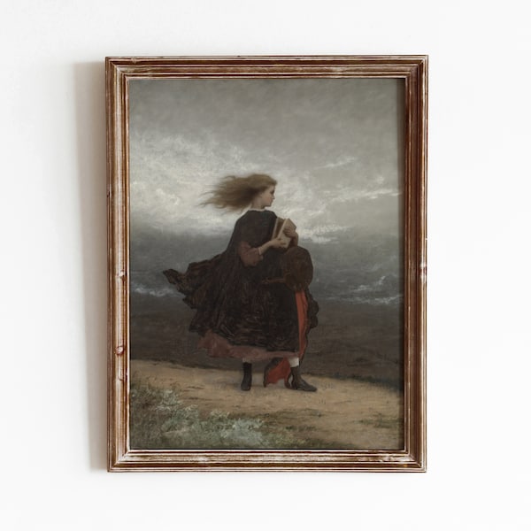 Girl in a Storm | Vintage Child Portrait Painting | Windy Moody Sky Art | Digital Download | Printable Art | 179