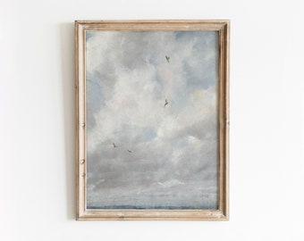 Stijgend | Vintage hemelstudie | Wolkenkunst | Vliegende vogels | Blauwe kinderkamer decor artwork | Digitale download | 644