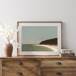 May include: A framed print of a seascape with a sandy beach and a forested hill in the distance. The sky is a light blue and the water is a light turquoise.