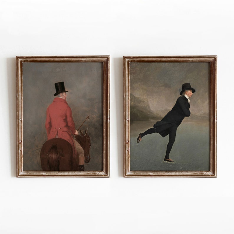 May include: Two framed paintings in brown frames. The painting on the left shows a person in a red coat riding a brown horse. The painting on the right shows a person in a black coat ice skating.