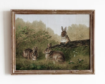 Rabbits on a Log | Vintage Wildlife Nature Art | Easter Decor Painting | Forest Animal Artwork | Digital Download | 135