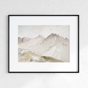 May include: A watercolor painting of a mountain range with a light brown, gray, and white color scheme. The mountains are depicted in a realistic style, with a focus on the peaks and valleys.