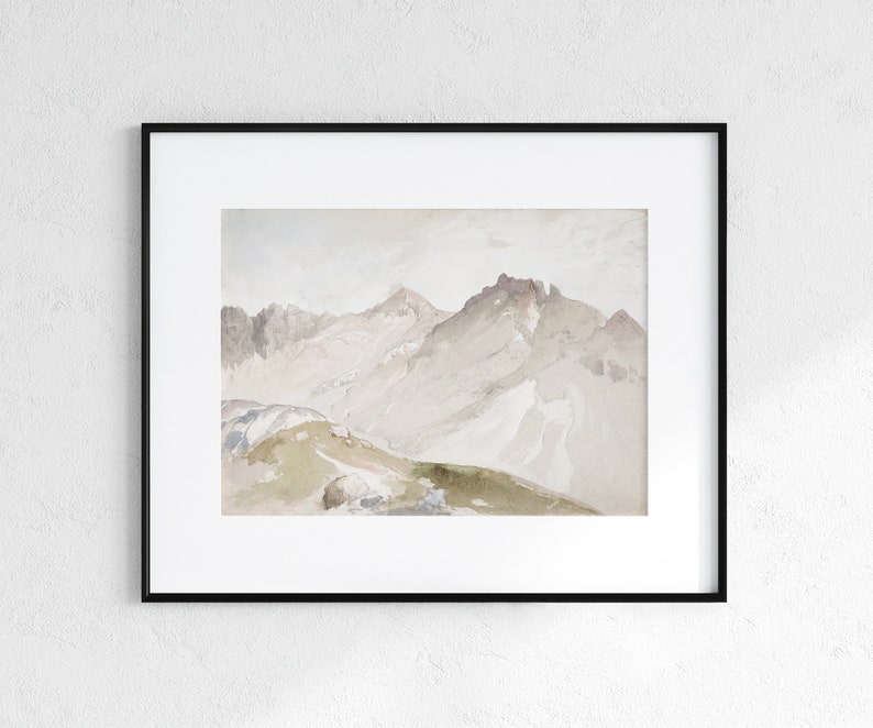 May include: A watercolor painting of a mountain range with a light brown, gray, and white color scheme. The mountains are depicted in a realistic style, with a focus on the peaks and valleys.