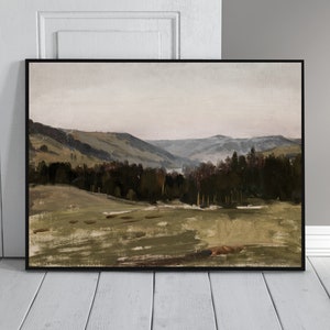 May include: A painting of a landscape with rolling hills and a forest in the foreground. The sky is a soft, muted blue and the hills are a mix of green and brown.