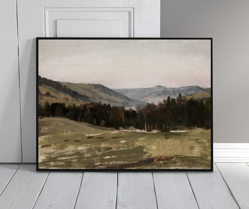 May include: A painting of a landscape with rolling hills and a forest in the foreground. The sky is a soft, muted blue and the hills are a mix of green and brown.
