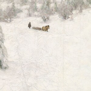 May include: An oil painting depicts a snowy winter landscape. A person walks behind a log being pulled by two brown horses. The scene is set in a forest with snow-covered trees and ground.