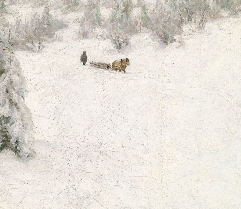 May include: An oil painting depicts a snowy winter landscape. A person walks behind a log being pulled by two brown horses. The scene is set in a forest with snow-covered trees and ground.
