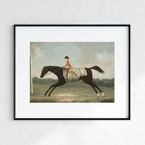 May include: Framed print of a vintage equestrian scene. A dark horse with a rider in a red jacket and black cap is depicted mid-jump. The artwork is set against a backdrop of a green field and a cloudy sky.