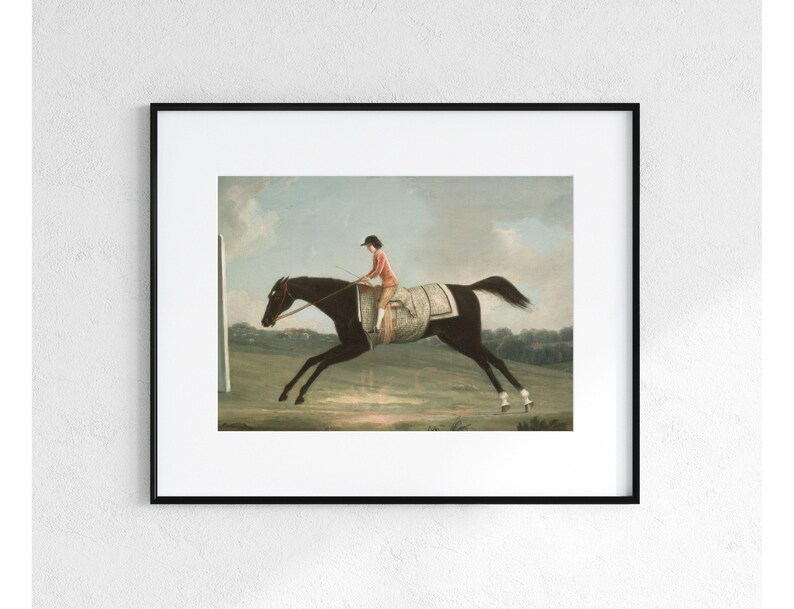 May include: Framed print of a vintage equestrian scene. A dark horse with a rider in a red jacket and black cap is depicted mid-jump. The artwork is set against a backdrop of a green field and a cloudy sky.