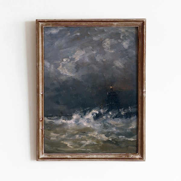 Stormy Lighthouse | Vintage Sea at Night Painting | Moody Dark Ocean Waves | DIGITAL DOWNLOAD | 109