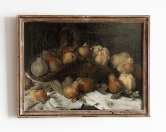 Pear + Quince Still Life | Vintage Fruit Basket Painting | Kitchen Decor Picnic Art | Moody Food Artwork | Digital Download | 891
