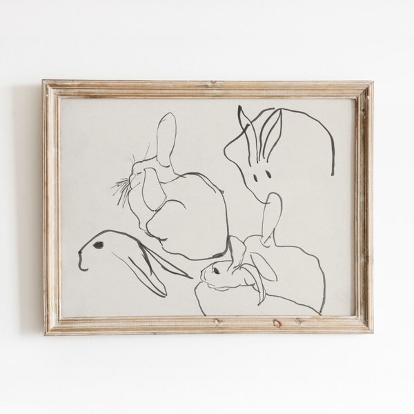 Sketch of Rabbits | Vintage Animal Art | Bunny Nursery Art | Minimal Line Drawing | Digital Download | 481