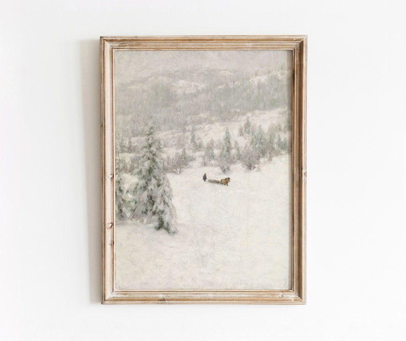 May include: A framed vintage winter landscape painting. The artwork depicts a snowy scene with evergreen trees and a figure with a horse-drawn sled. The painting is in a gold-toned wooden frame, adding a touch of rustic charm to the artwork.