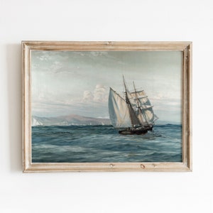 Sailboat in Harbor | Vintage Sailing Boat Ship Oil Painting | White Sails Sea Ocean Art | Printable Download | 119