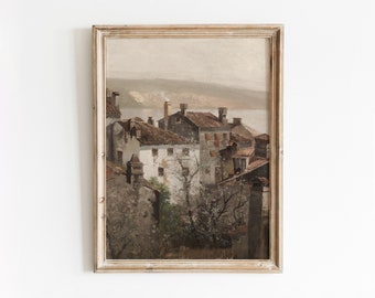 Deutsches Dorf | Vintage Township Ölgemälde | Europäische Stadtansicht Wandkunst | DIGITALER DOWNLOAD | 164