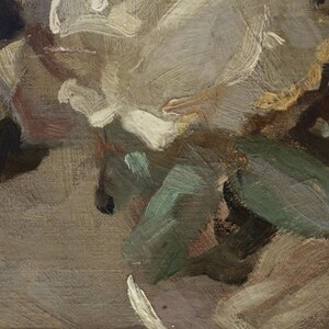 May include: Abstract painting with thick brushstrokes in shades of brown, white, and green. The painting has a textured surface and a loose, expressive style.