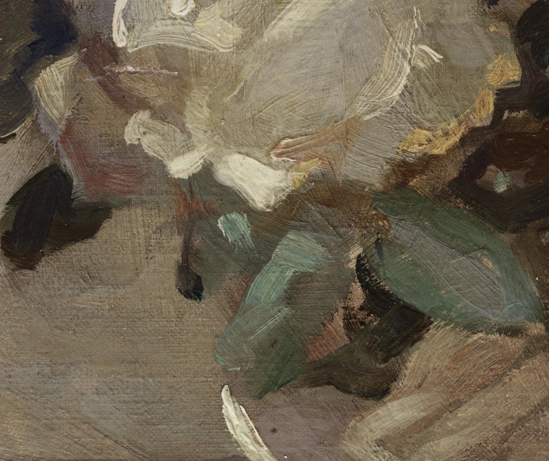 May include: Abstract painting with thick brushstrokes in shades of brown, white, and green. The painting has a textured surface and a loose, expressive style.