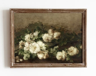 Wit bloemenstilleven | Vintage roos olieverfschilderij | Bloemkunst | Humeurige botanische kunst | Digitale download | 131
