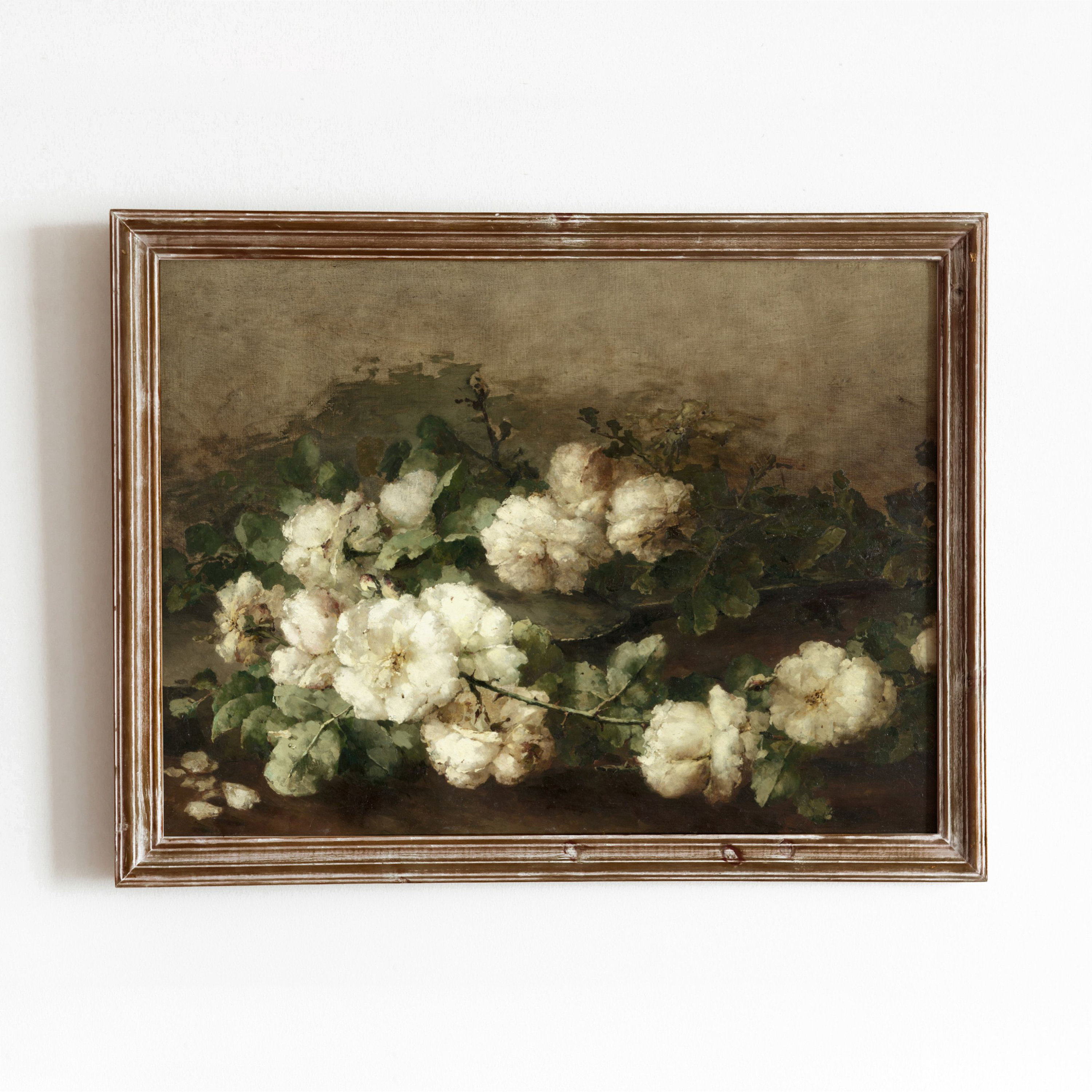 White Floral Still Life | Vintage Rose Oil Painting | Flower Art | Moody Botanical Art | Digital Download | 131