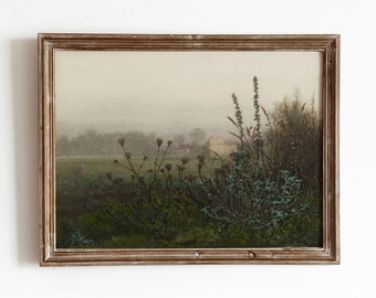 Misty Morning | Vintage Field Landscape Painting | Farmer Farmhouse Art | Flowers | Digital Download | 245